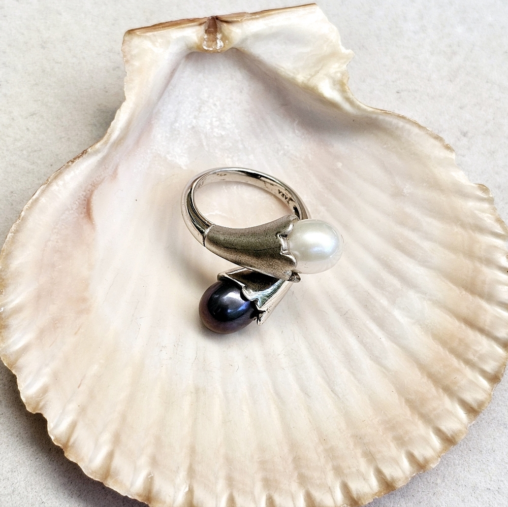 Akoya & Tahitian Pearl 925 Sterling Silver Bypass Ring TARA T&S *RARE - Picture 4 of 15
